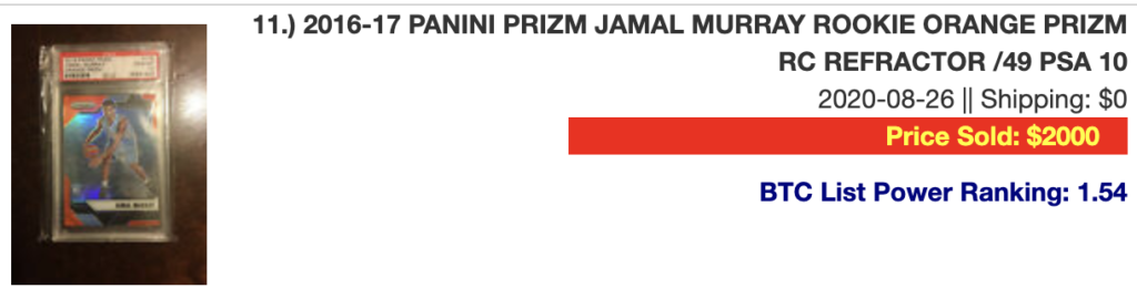 2016-17 PANINI PRIZM JAMAL MURRAY ROOKIE ORANGE PRIZM RC REFRACTOR /49 PSA 10