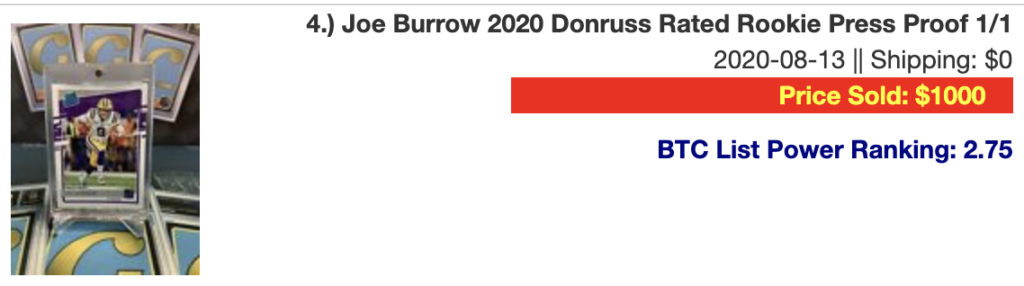 Joe Burrow 2020 Donruss Rated Rookie Press Proof 1/1