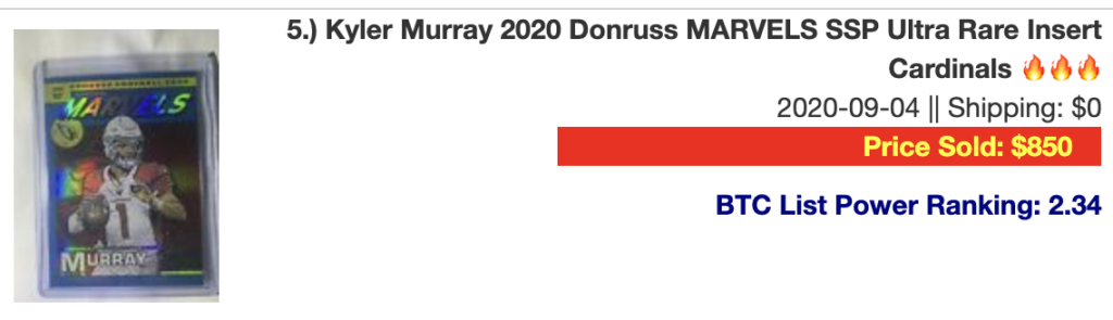 Kyler Murray 2020 Donruss MARVELS SSP Ultra Rare Insert Cardinals