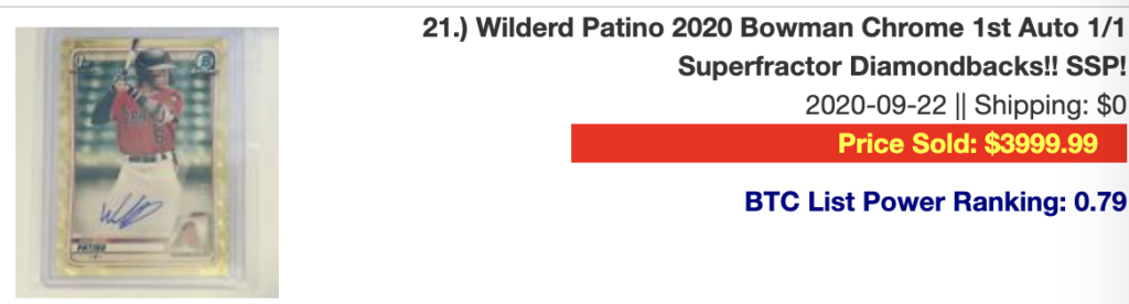 Wilderd Patino 2020 Bowman Chrome 1st Auto 1/1 Superfractor Diamondbacks!! SSP!