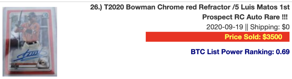 2020 Bowman Chrome red Refractor /5 Luis Matos 1st Prospect 